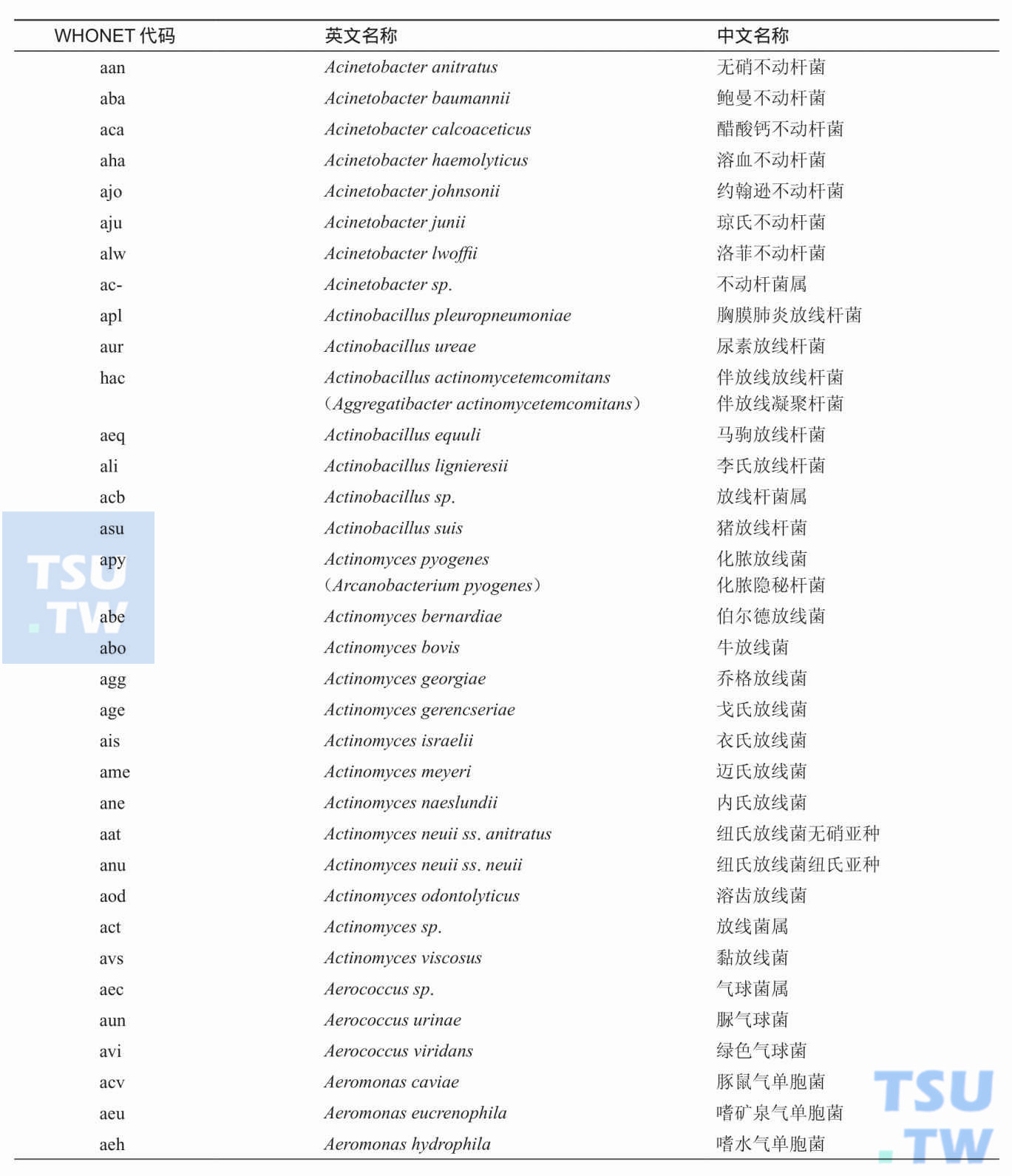 WHONET软件中常用细菌中英文对照及其代码