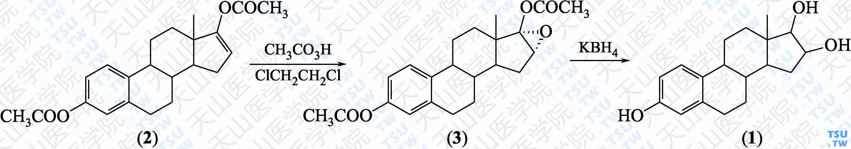 雌三醇（分子式：C<sub>18</sub>H<sub>24</sub>O<sub>3</sub>）的合成方法路线及其结构式