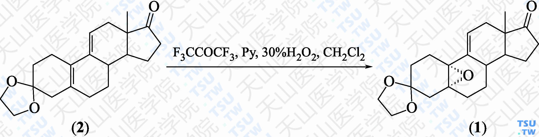 3-（亚乙二氧）-<i>Δ</i><sup>9</sup><sup>（</sup><sup>11</sup><sup>）</sup>-雌甾烯-5<i>α</i>，10<i>α</i>-环氧-17-酮（分子式：C<sub>20</sub>H<sub>26</sub>O<sub>4</sub>）的合成方法路线及其结构式