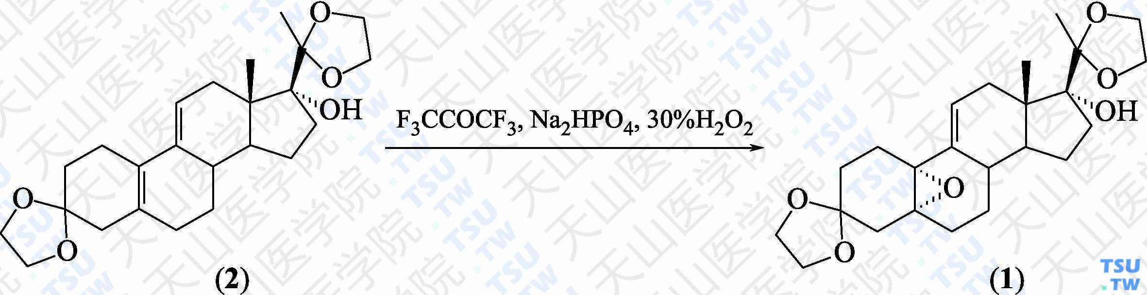 3，20-双-亚乙二氧基-17<i>α</i>-羟基-5<i>α</i>，10<i>α</i>-环氧-19-去甲孕甾-9（11）-烯（分子式：C<sub>24</sub>H<sub>34</sub>O<sub>6</sub>）的合成方法路线及其结构式