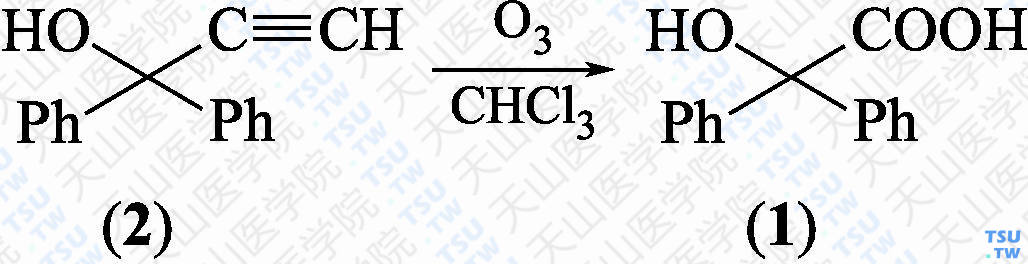 二苯羟乙酸（分子式：C<sub>14</sub>H<sub>12</sub>O<sub>3</sub>）的合成方法路线及其结构式