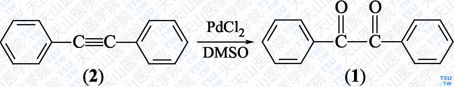 二苯基乙二酮（分子式：C<sub>14</sub>H<sub>10</sub>O<sub>2</sub>）的合成方法路线及其结构式