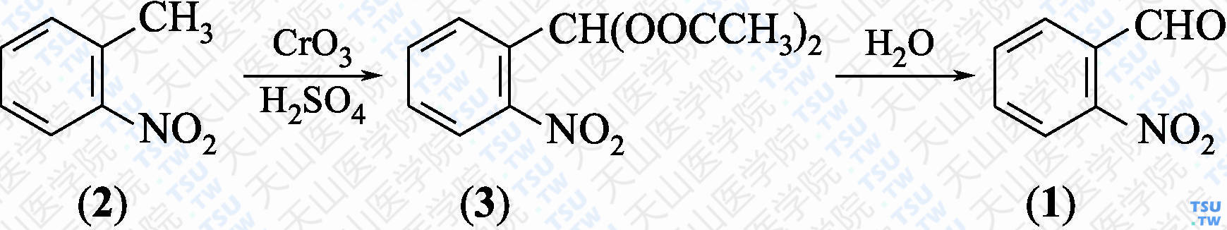 邻硝基苯甲醛（分子式：C<sub>7</sub>H<sub>5</sub>NO<sub>3</sub>）的合成方法路线及其结构式