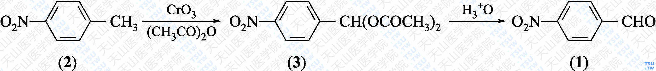 对硝基苯甲醛（分子式：C<sub>7</sub>H<sub>5</sub>NO<sub>3</sub>）的合成方法路线及其结构式