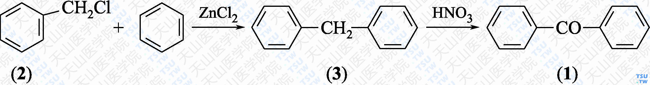 二苯甲酮（分子式：C<sub>13</sub>H<sub>10</sub>O）的合成方法路线及其结构式
