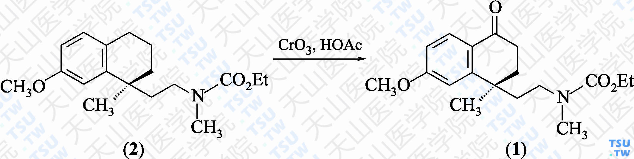 （<i>R</i>）-（-）-4-[2-（<i>N</i>-甲基-<i>N</i>-乙氧羰基）氨基乙基]-4-甲基-6-甲氧基-1，2，3，4-四氢萘-1-酮（分子式：C<sub>18</sub>H<sub>25</sub>NO<sub>4</sub>）的合成方法路线及其结构式