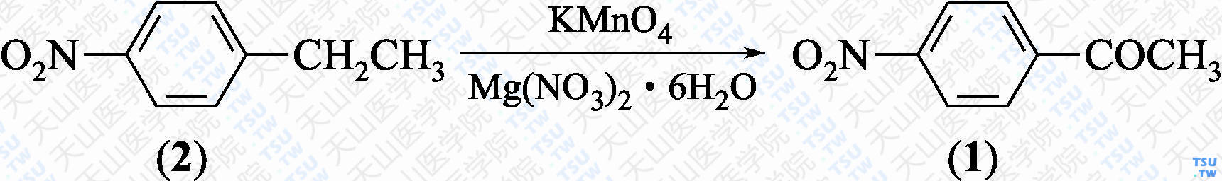 对硝基苯乙酮（分子式：C<sub>8</sub>H<sub>7</sub>NO<sub>3</sub>）的合成方法路线及其结构式