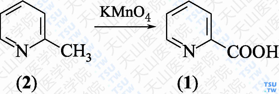吡啶-2-甲酸（分子式：C<sub>6</sub>H<sub>5</sub>NO<sub>2</sub>）的合成方法路线及其结构式