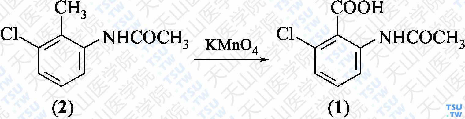 2-氯-6-乙酰氨基苯甲酸（分子式：C<sub>9</sub>H<sub>8</sub>ClNO<sub>3</sub>）的合成方法路线及其结构式