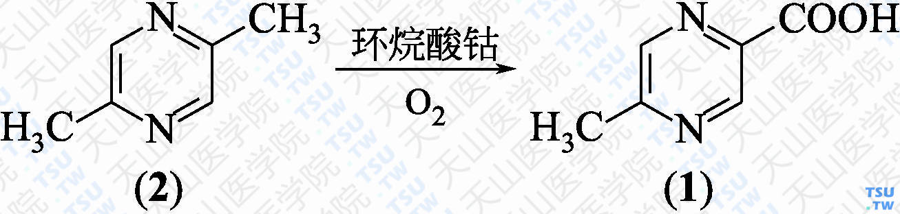 5-甲基吡嗪-2-羧酸（分子式：C<sub>6</sub>H<sub>6</sub>N<sub>2</sub>O<sub>2</sub>）的合成方法路线及其结构式