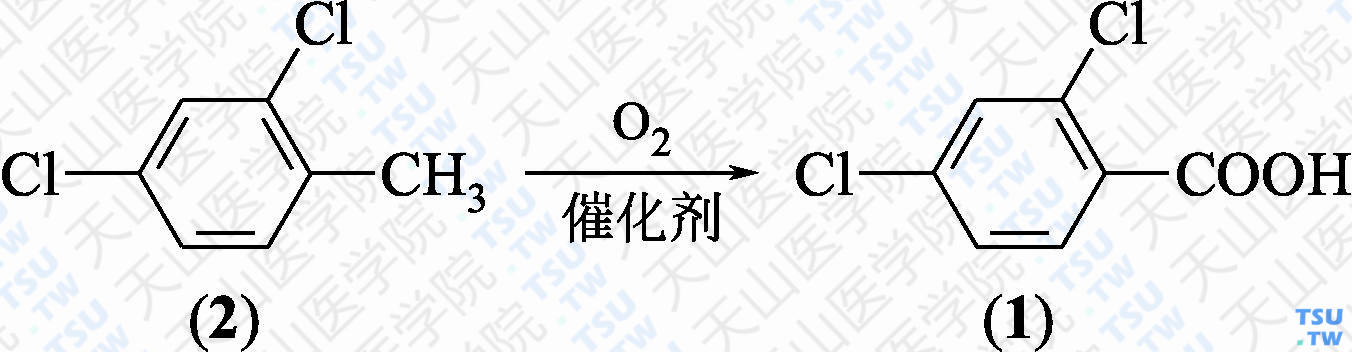 2，4-二氯苯甲酸（分子式：C<sub>7</sub>H<sub>4</sub>Cl<sub>2</sub>O<sub>2</sub>）的合成方法路线及其结构式