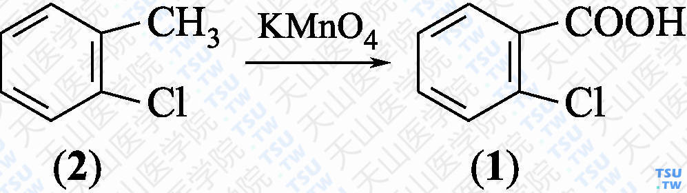 邻氯苯甲酸（分子式：C<sub>7</sub>H<sub>5</sub>ClO<sub>2</sub>）的合成方法路线及其结构式