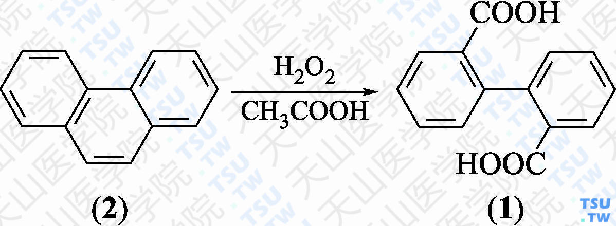 2，2'-联苯二甲酸（分子式：C<sub>14</sub>H<sub>10</sub>O<sub>4</sub>）的合成方法路线及其结构式