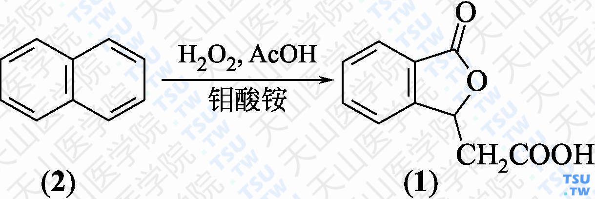 异苯并呋喃-1（3<i>H</i>）-酮-3-乙酸（分子式：C<sub>10</sub>H<sub>8</sub>O<sub>4</sub>）的合成方法路线及其结构式