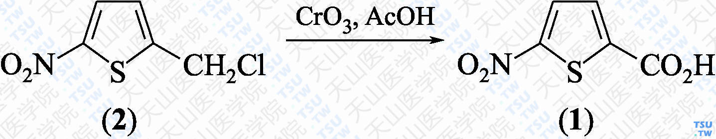 5-硝基噻吩-2-甲酸（分子式：C<sub>5</sub>H<sub>3</sub>NO<sub>4</sub>S）的合成方法路线及其结构式