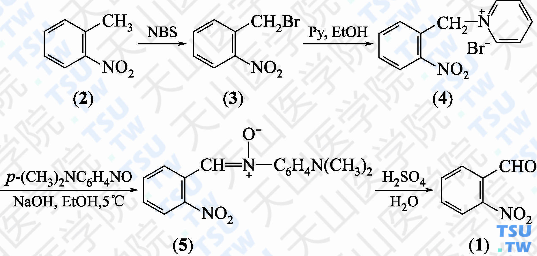 邻硝基苯甲醛（分子式：C<sub>7</sub>H<sub>5</sub>NO<sub>3</sub>）的合成方法路线及其结构式