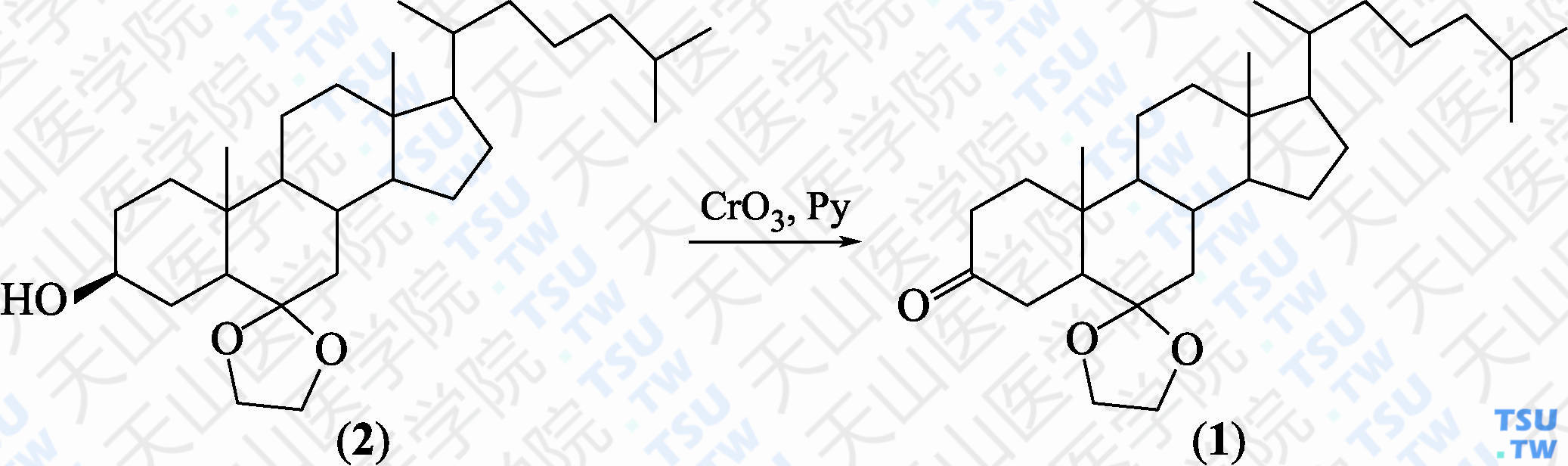6，6-亚乙二氧基-5<i>α</i>-胆甾烷-3-酮（分子式：C<sub>29</sub>H<sub>48</sub>O<sub>3</sub>）的合成方法路线及其结构式