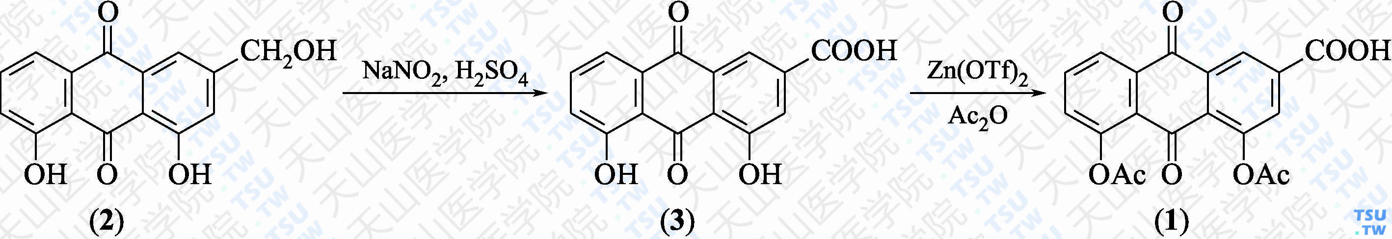双醋瑞因（分子式：C<sub>19</sub>H<sub>12</sub>O<sub>8</sub>）的合成方法路线及其结构式