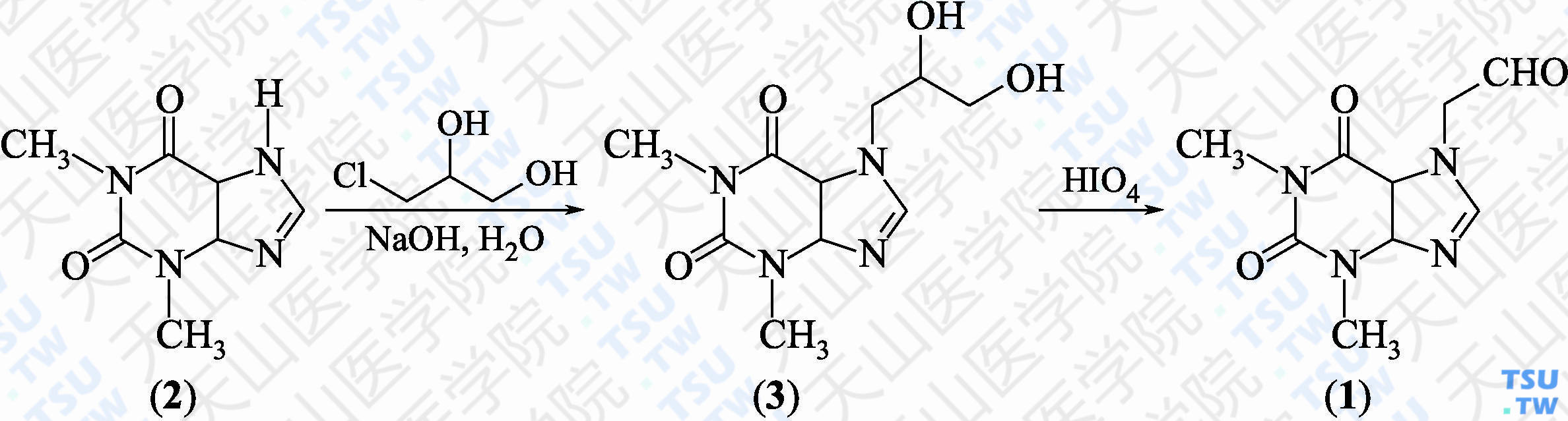 2-（1，3-二甲基-2，6-二氧代-1，2，3，4，5，6-六氢嘌呤-7-基）乙醛（分子式：C<sub>9</sub>H<sub>12</sub>N<sub>4</sub>O<sub>3</sub>）的合成方法路线及其结构式