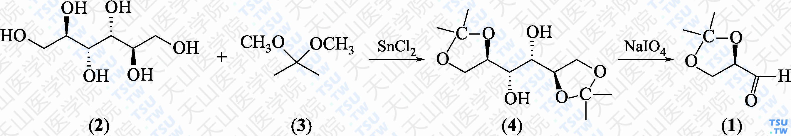 D-（<i>R</i>）-甘油醛缩丙酮（分子式：C<sub>6</sub>H<sub>10</sub>O<sub>3</sub>）的合成方法路线及其结构式