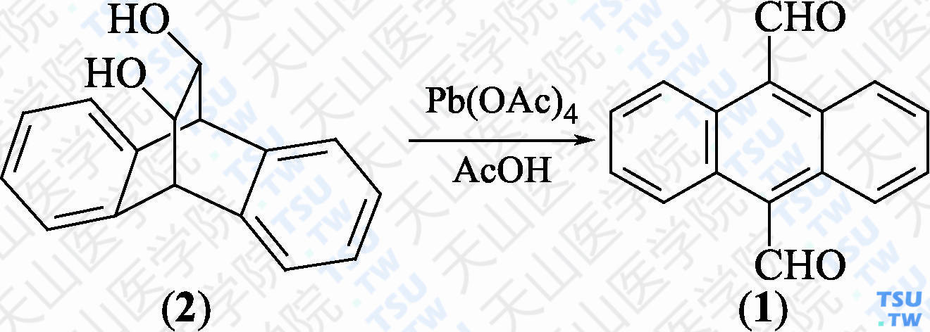 9，10-蒽二醛（分子式：C<sub>16</sub>H<sub>12</sub>O<sub>2</sub>）的合成方法路线及其结构式