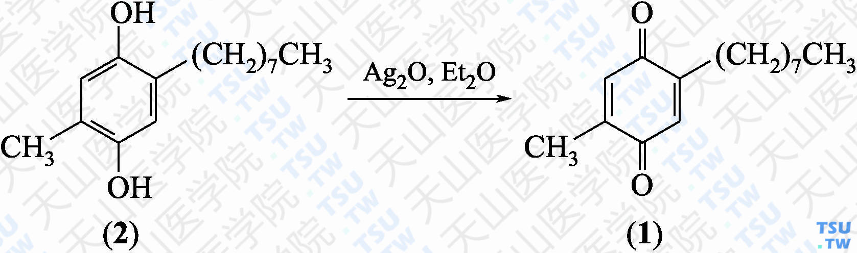 5-甲基-2-正辛基-1，4-苯二醌（分子式：C<sub>15</sub>H<sub>22</sub>O<sub>2</sub>）的合成方法路线及其结构式