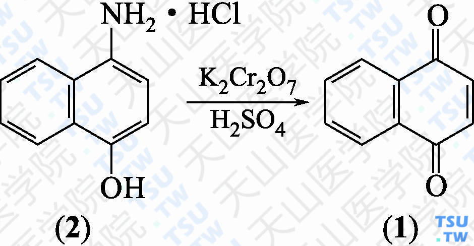 1，4-萘醌（分子式：C<sub>10</sub>H<sub>6</sub>O<sub>2</sub>）的合成方法路线及其结构式