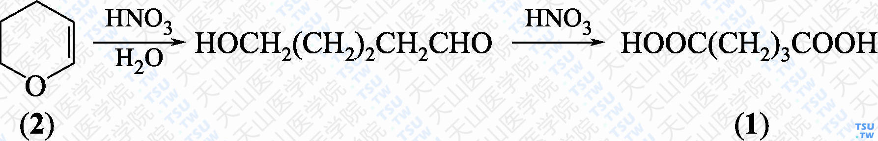 戊二酸（分子式：C<sub>5</sub>H<sub>8</sub>O<sub>4</sub>）的合成方法路线及其结构式