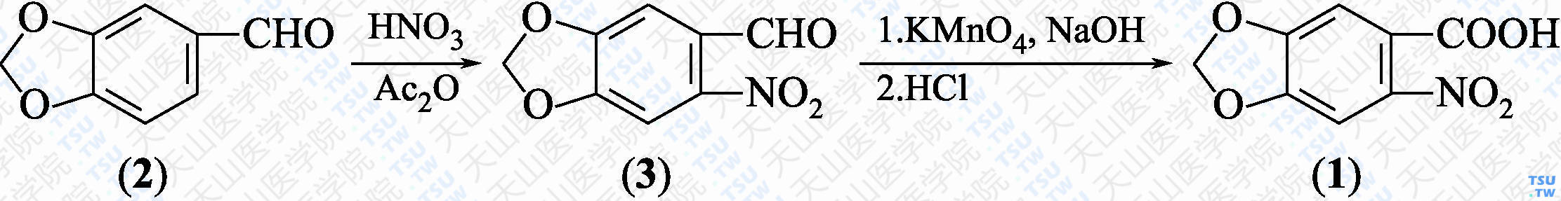 6-硝基胡椒酸（分子式：C<sub>8</sub>H<sub>5</sub>NO<sub>6</sub>）的合成方法路线及其结构式