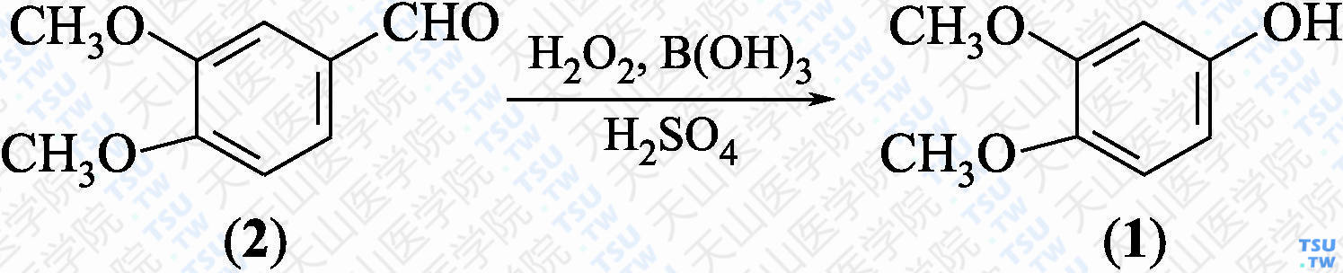 3，4-二甲氧基苯酚（分子式：C<sub>8</sub>H<sub>10</sub>O<sub>3</sub>）的合成方法路线及其结构式