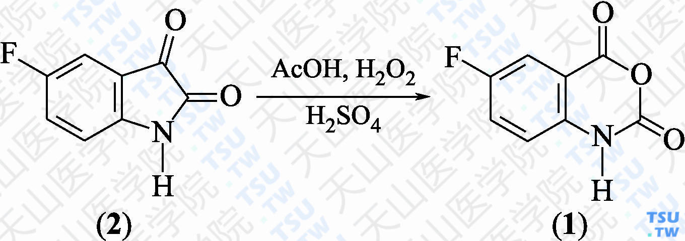 6-氟靛红酸酐（分子式：C<sub>8</sub>H<sub>4</sub>FO<sub>3</sub>）的合成方法路线及其结构式