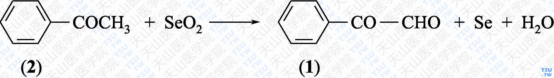 苯基乙二醛（分子式：C<sub>8</sub>H<sub>6</sub>O<sub>2</sub>·H<sub>2</sub>O）的合成方法路线及其结构式