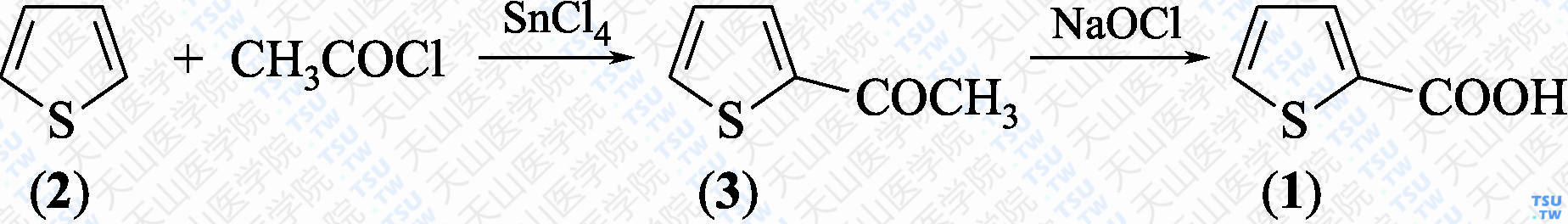噻吩-2-甲酸（分子式：C<sub>5</sub>H<sub>4</sub>O<sub>2</sub>S）的合成方法路线及其结构式