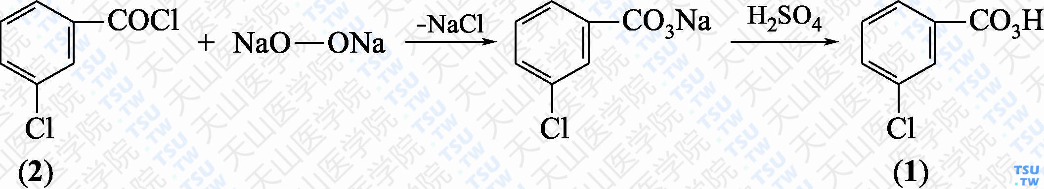 间氯过氧苯甲酸（分子式：C<sub>7</sub>H<sub>5</sub>ClO<sub>3</sub>）的合成方法路线及其结构式