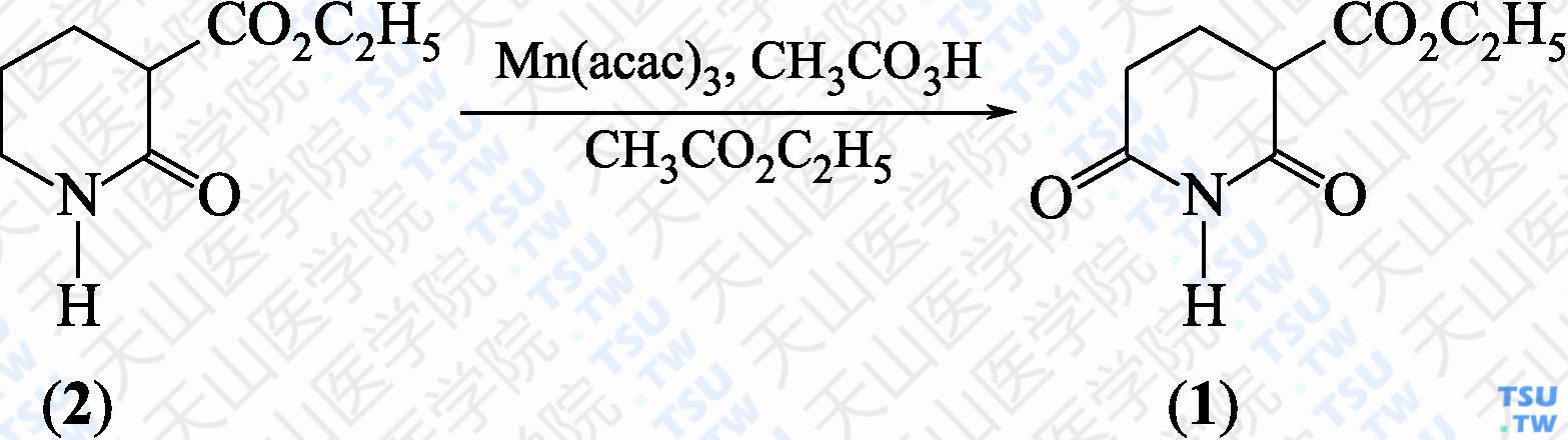 2，6-二氧代哌啶-3-甲酸乙酯（分子式：C<sub>8</sub>H<sub>11</sub>NO<sub>4</sub>）的合成方法路线及其结构式