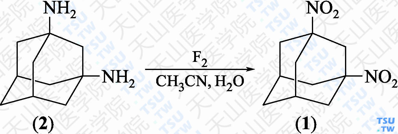 1，3-二硝基金刚烷（分子式：C<sub>10</sub>H<sub>14</sub>N<sub>2</sub>O<sub>4</sub>）的合成方法路线及其结构式