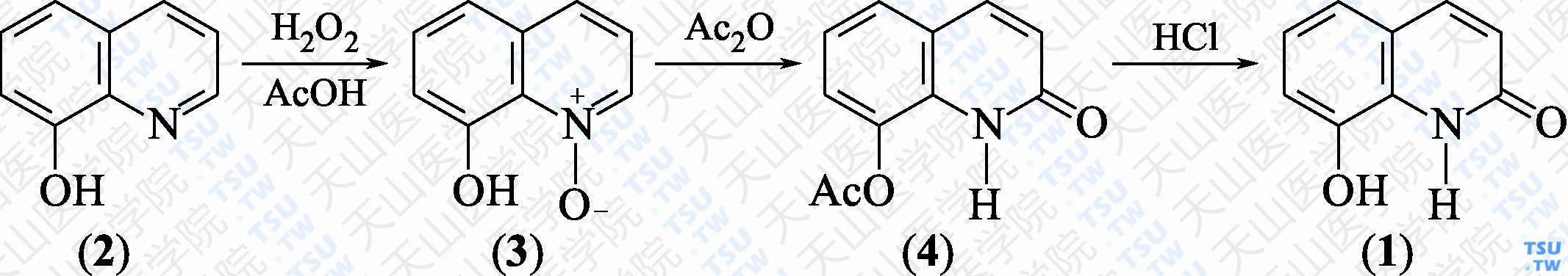 8-羟基喹诺啉-2（1<i>H</i>）-酮（分子式：C<sub>9</sub>H<sub>7</sub>NO<sub>2</sub>）的合成方法路线及其结构式
