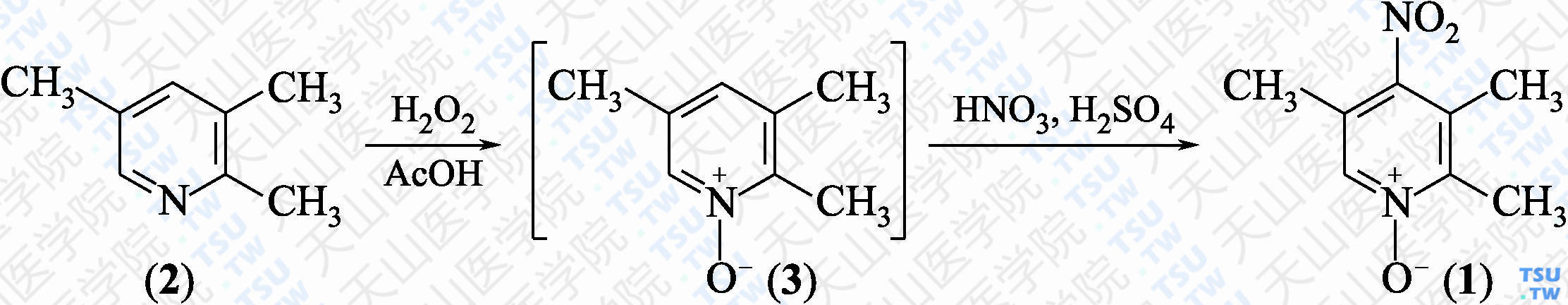 2，3，5-三甲基-4-硝基吡啶-<i>N</i>-氧化物（分子式：C<sub>8</sub>H<sub>10</sub>N<sub>2</sub>O<sub>3</sub>）的合成方法路线及其结构式