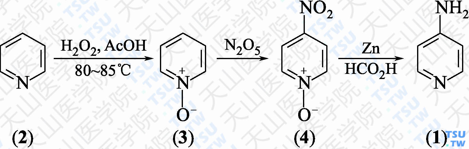 4-氨基吡啶（分子式：C<sub>5</sub>H<sub>6</sub>N<sub>2</sub>）的合成方法路线及其结构式