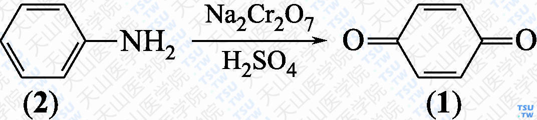 对苯醌（分子式：C<sub>6</sub>H<sub>4</sub>O<sub>2</sub>）的合成方法路线及其结构式