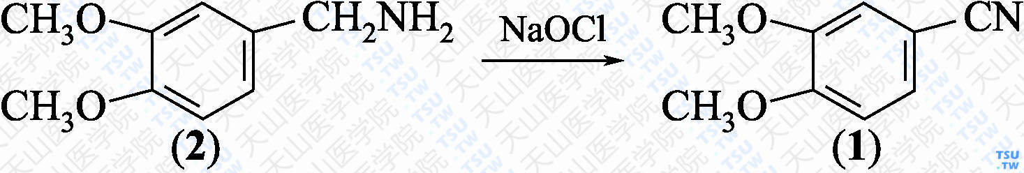 3，4-二甲氧基苯甲腈（分子式：C<sub>9</sub>H<sub>9</sub>NO<sub>2</sub>）的合成方法路线及其结构式