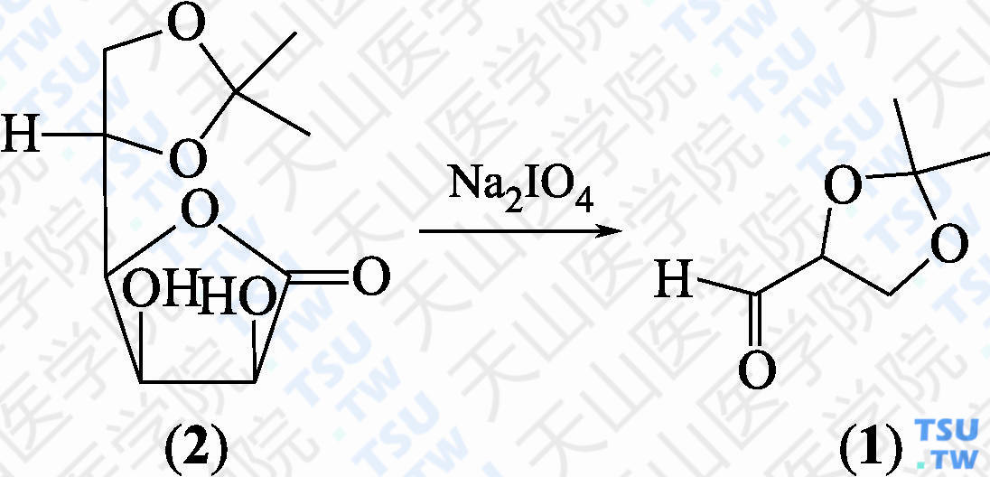 L-（<i>S</i>）-甘油醛缩丙酮（分子式：C<sub>6</sub>H<sub>10</sub>O<sub>3</sub>）的合成方法路线及其结构式