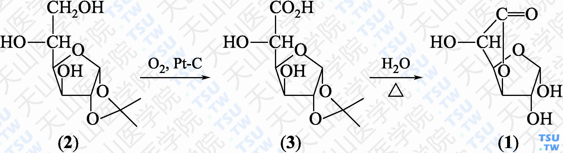 <i>α</i>-D-葡萄糖醛酸-<i>γ</i>-内酯（分子式：C<sub>6</sub>H<sub>8</sub>O<sub>6</sub>）的合成方法路线及其结构式