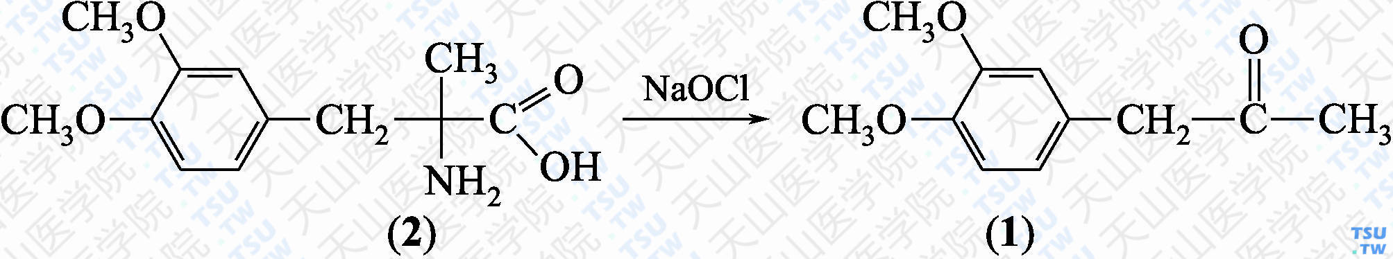3，4-二甲氧基苯丙酮（分子式：C<sub>11</sub>H<sub>14</sub>O<sub>3</sub>）的合成方法路线及其结构式