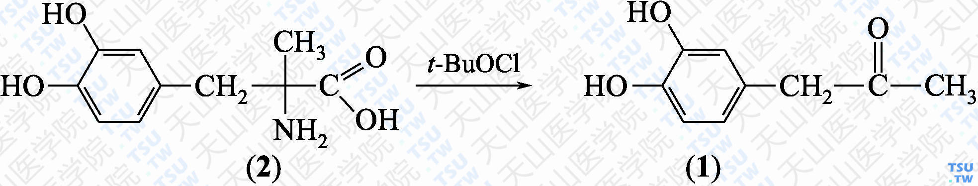 3，4-二羟基苯丙酮（分子式：C<sub>9</sub>H<sub>10</sub>O<sub>3</sub>）的合成方法路线及其结构式