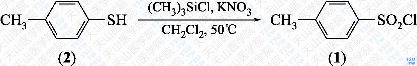 对甲苯磺酰氯（分子式：C<sub>7</sub>H<sub>7</sub>ClO<sub>2</sub>S）的合成方法路线及其结构式