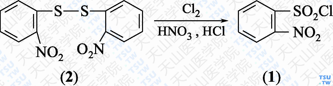 邻硝基苯磺酰氯（分子式：C<sub>6</sub>H<sub>4</sub>ClNO<sub>4</sub>S）的合成方法路线及其结构式