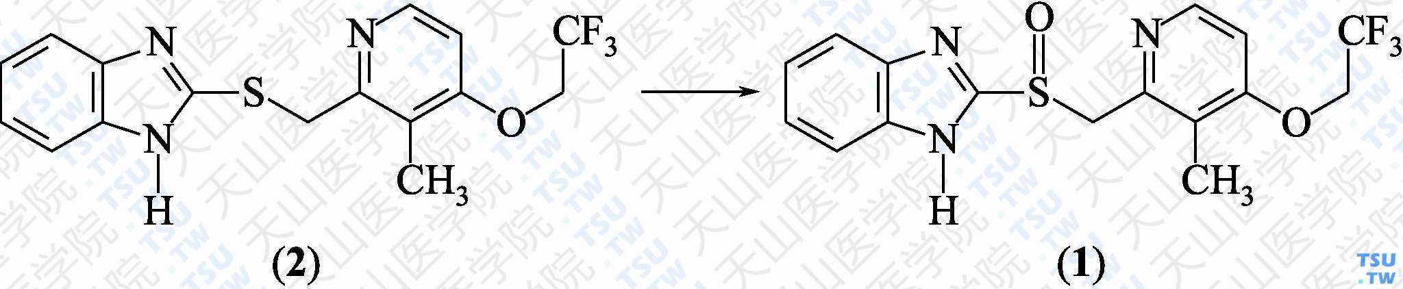 （<i>S</i>）-兰索拉唑（分子式：C<sub>16</sub>H<sub>14</sub>F<sub>3</sub>N<sub>3</sub>O<sub>2</sub>S）的合成方法路线及其结构式