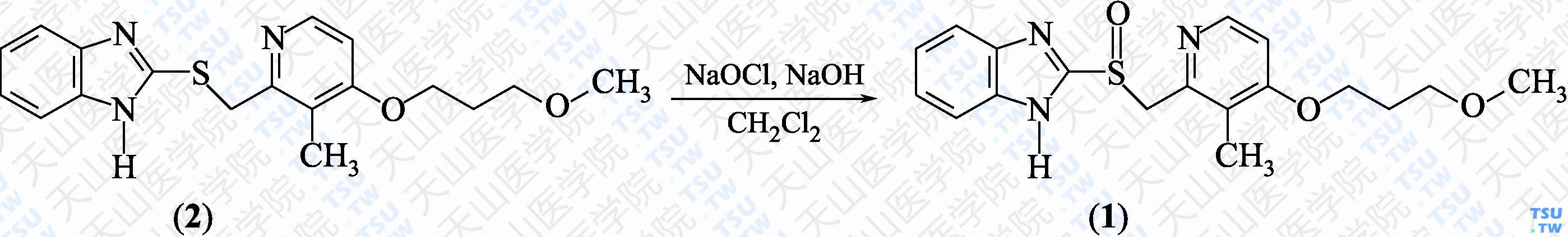 雷贝拉唑（分子式：C<sub>18</sub>H<sub>21</sub>N<sub>3</sub>O<sub>3</sub>S）的合成方法路线及其结构式