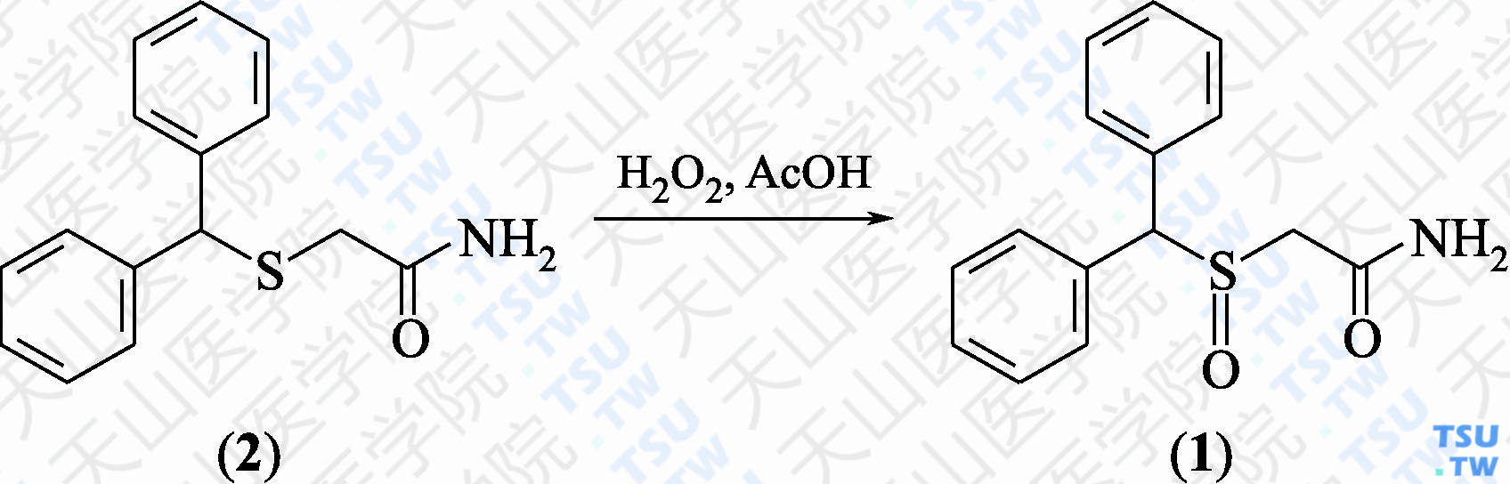 莫达非尼（分子式：C<sub>15</sub>H<sub>15</sub>NO<sub>2</sub>S）的合成方法路线及其结构式